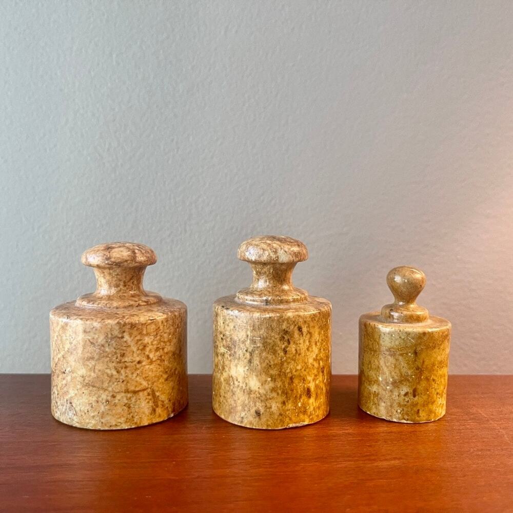 Set of Three (3) Antique Marble Stone Library Paperweights Scale Weight Form